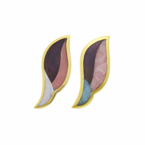 Tiffany earrings in 18k gold Pair with amethyst, rhodochrosite and opal inset. Made in America, circa 1980.