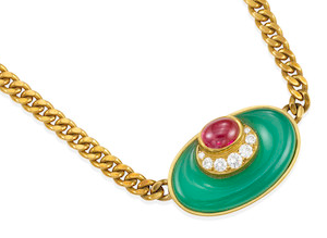 Bulgari chrysoprase diamond and ruby necklace in 18k gold.  Made in Italy, circa 1970.
