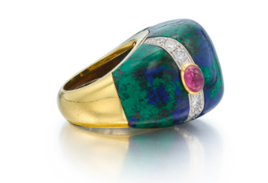 Bombe David Webb azurmalachite, ruby and diamond ring in 18k yellow and 18k white gold