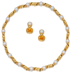 Bulgari 18k yellow gold and cultured pearl Gancio necklace and earrings with yellow citrine highlights