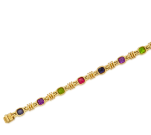 Colorful Bulgari 18k yellow gold and sapphire, garnet, amethyst, peridot and pink tourmaline bracelet