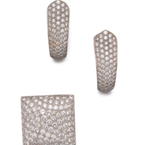 Set of bombe pave diamond earrings and ring in 18k white gold by Cartier