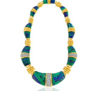 David Webb fluted carved azurmalachite necklace, round diamonds, 18k yellow gold and platinum, with diamonds