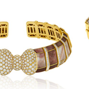 Bow embellished Diamond and mother of pearl choker and matching bracelet in 18k gold