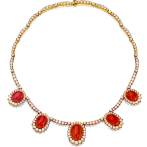 Coral and diamond necklace of five graduated motifs each centering a cabochon-cut coral within a surround of round brilliant-cut diamonds