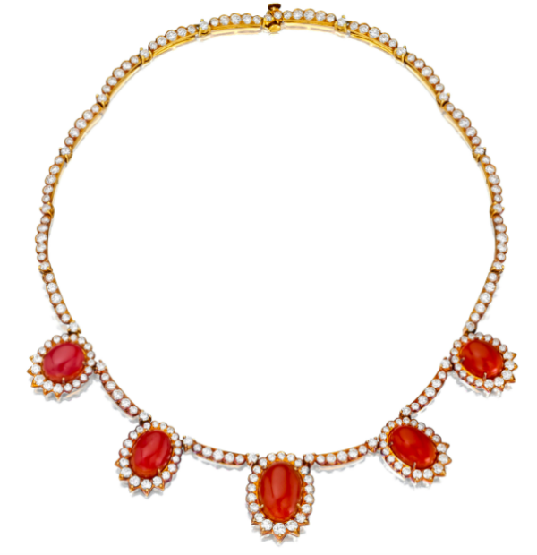 Coral and diamond necklace of five graduated motifs each centering a cabochon-cut coral within a surround of round brilliant-cut diamonds