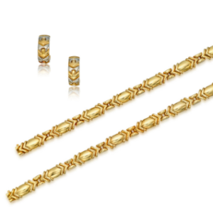 Bulgari set of two matching Alveare 18k yellow gold bracelets and matching earrings in 18k yellow and white gold