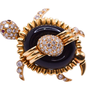 Diamond Onyx Gold & Ruby Sea-Turtle Brooch in 18k Gold