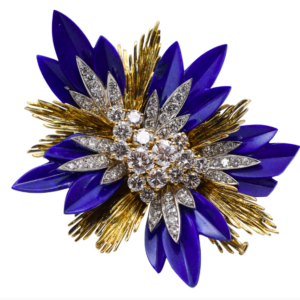 French Retro Diamond and Lapis Lazuli Brooch in 18k Yellow Gold