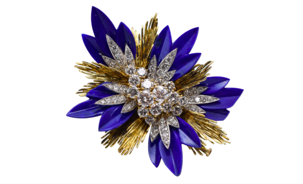 French Retro Diamond and Lapis Lazuli Brooch in 18k Yellow Gold