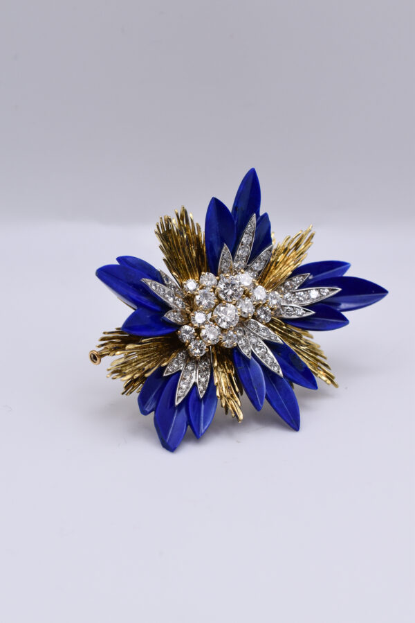 French Retro Diamond and Lapis Lazuli Brooch in 18k Yellow Gold - Image 6