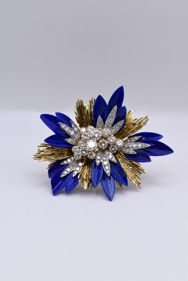 French Retro Diamond and Lapis Lazuli Brooch in 18k Yellow Gold - Image 3