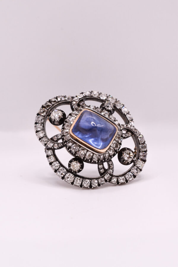 Antique French Unheated Ceylon Sapphire and Diamond Brooch - Image 4