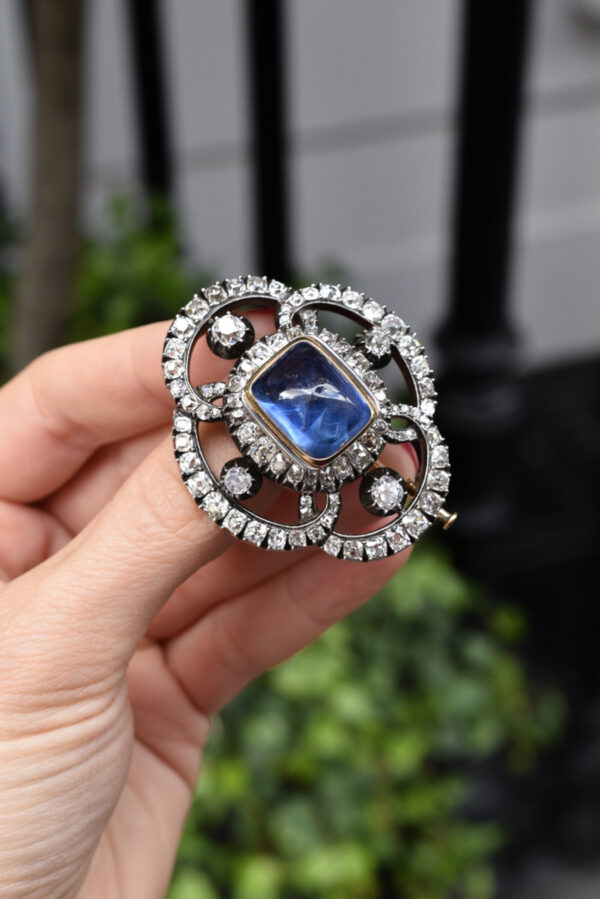 Antique French Unheated Ceylon Sapphire and Diamond Brooch - Image 5