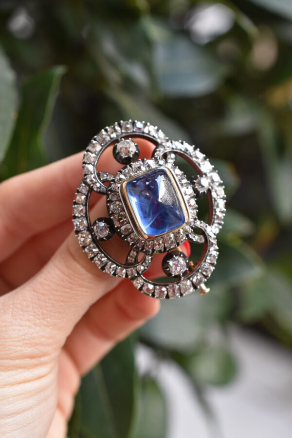 Antique French Unheated Ceylon Sapphire and Diamond Brooch - Image 2