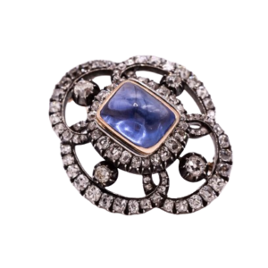 Antique French Unheated Ceylon Sapphire and Diamond Brooch