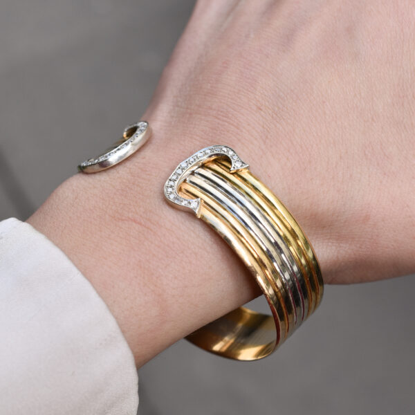 Vintage 'C de Cartier'  Diamond Trinity Bangle in Three Tones 18k Gold - Image 4