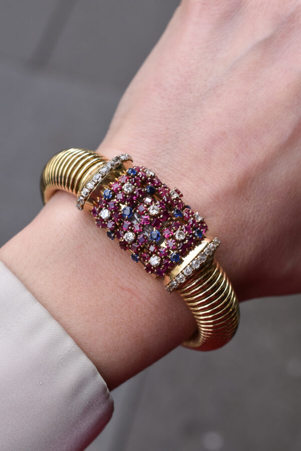 John Rubel Retro Ruby, Sapphire and Diamond Mystery Watch Bracelet - Image 2