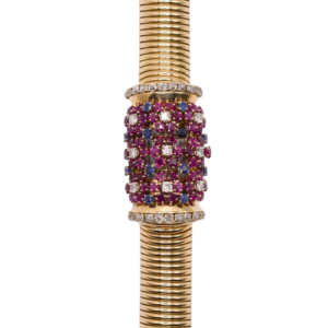John Rubel Retro Ruby, Sapphire and Diamond Mystery Watch Bracelet