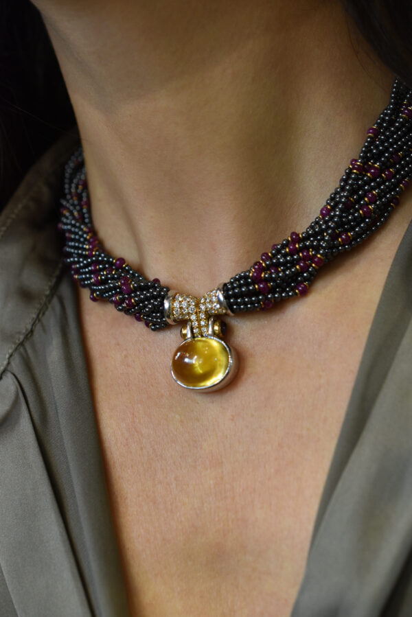 Bulgari Hematite, Ruby and Diamond Torsade Necklace with a 43ct Yellow Sapphire - Image 6