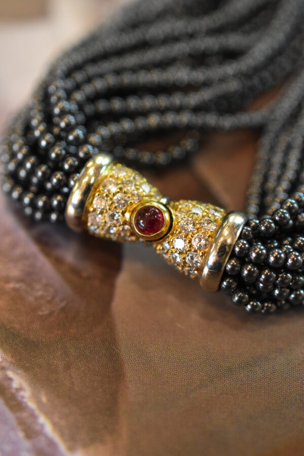 Bulgari Hematite, Ruby and Diamond Torsade Necklace with a 43ct Yellow Sapphire - Image 5
