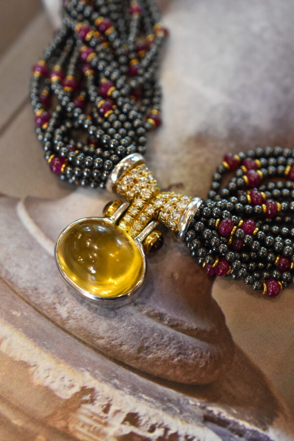 Bulgari Hematite, Ruby and Diamond Torsade Necklace with a 43ct Yellow Sapphire - Image 4