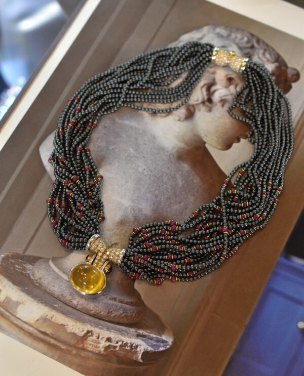 Bulgari Hematite, Ruby and Diamond Torsade Necklace with a 43ct Yellow Sapphire - Image 3