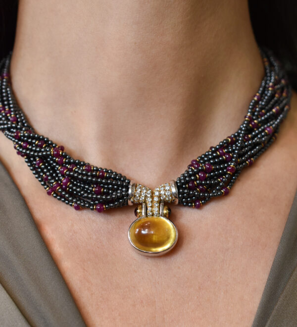 Bulgari Hematite, Ruby and Diamond Torsade Necklace with a 43ct Yellow Sapphire - Image 2