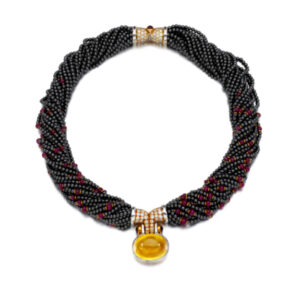 Bulgari Hematite, Ruby and Diamond Torsade Necklace with a 43ct Yellow Sapphire