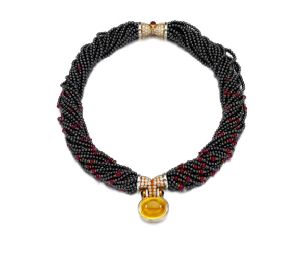 Bulgari Hematite, Ruby and Diamond Torsade Necklace with a 43ct Yellow Sapphire