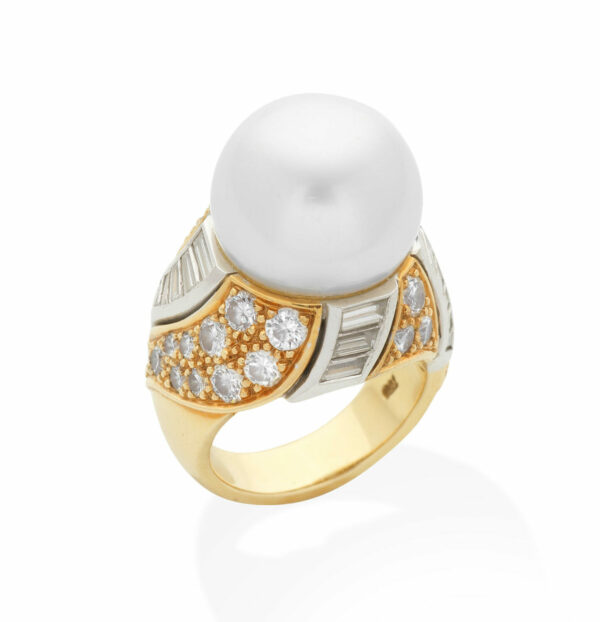 Meiser Cultured Pearl and Diamond Ring