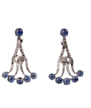A Pair of Sapphire and Diamond Chandelier Ear-Pendants