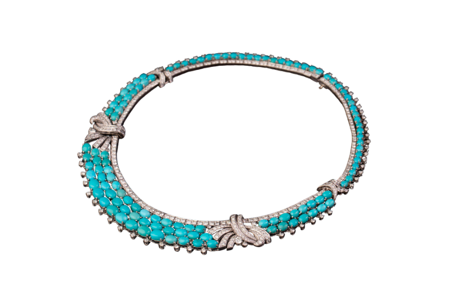 Persian Turquoise and Diamond Bow Necklace, Circa 1970