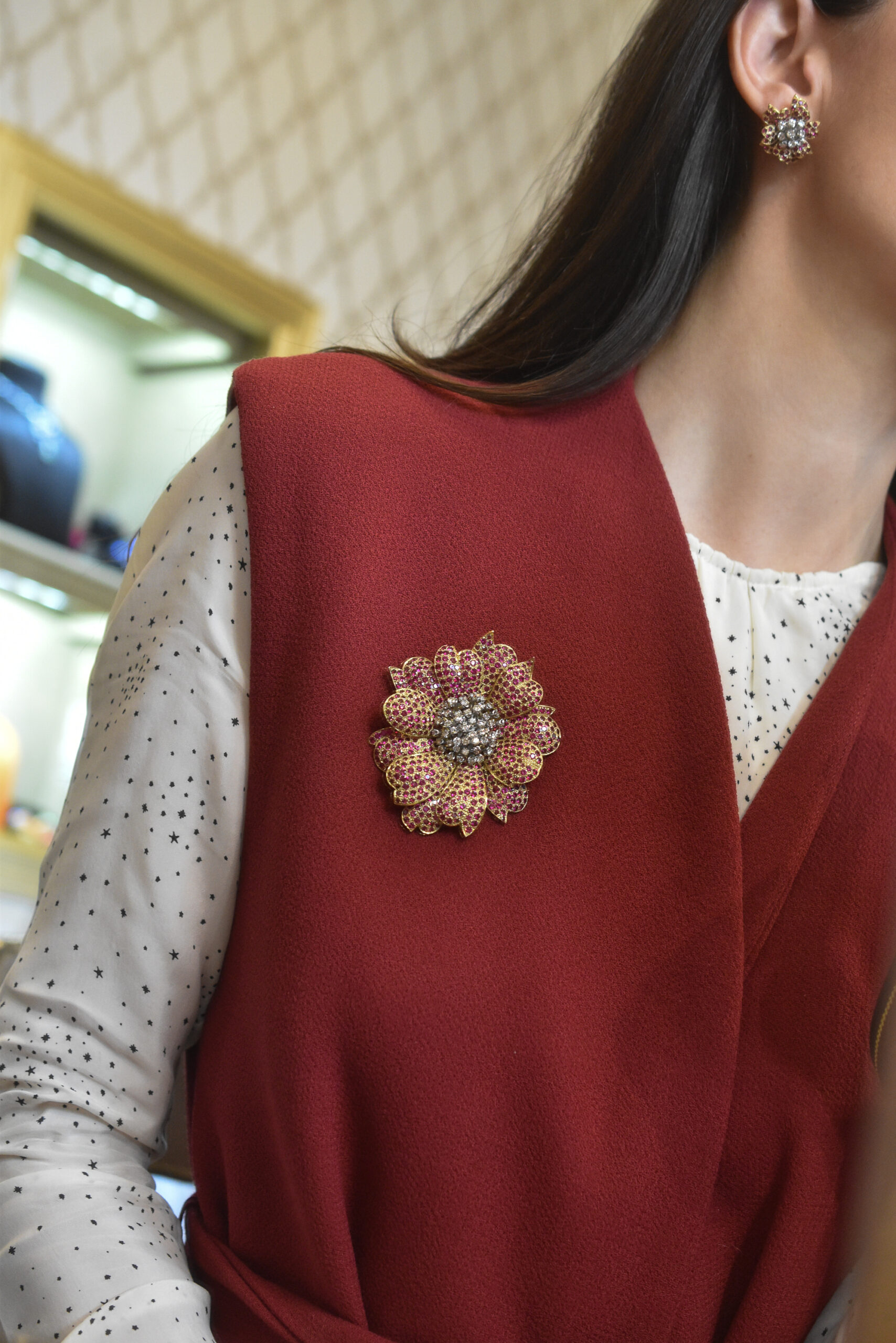 Ruby and Diamond Brooch, Earrings and Ring Suite, circa 1970 - Image 3