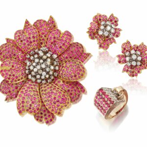 Ruby and Diamond Brooch, Earrings and Ring Suite, circa 1970
