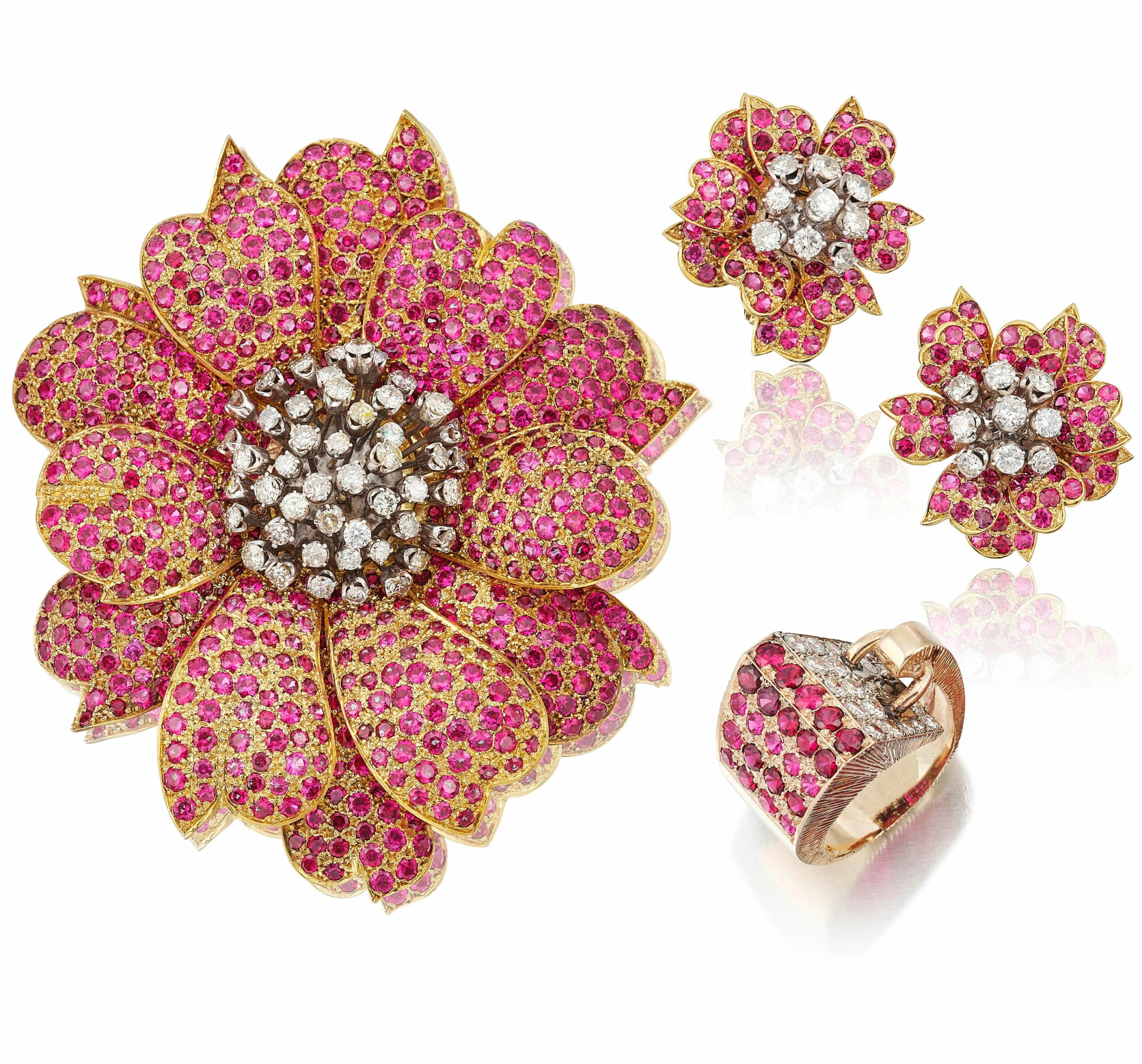 Ruby and Diamond Brooch, Earrings and Ring Suite, circa 1970